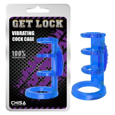 Насадка с вибрацией Chisa Get Lock Vibrating Cock Cage и эрекционными кольцами, синяя