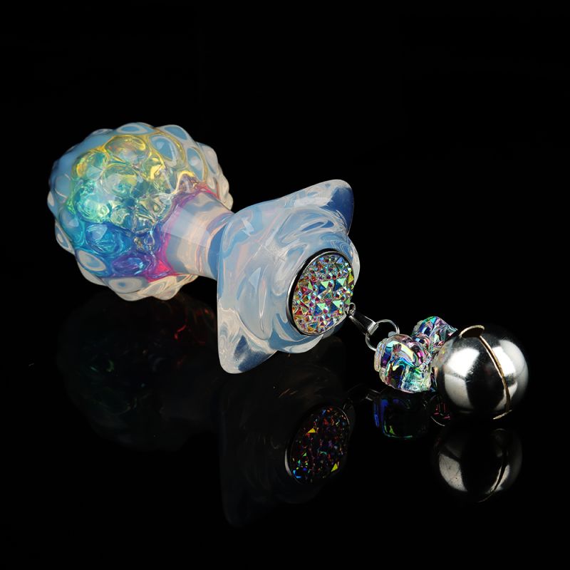 Анальна пробка ребриста UNIVIBE з каменем, силіконова, райдужна, 9 х 4.2 см вид 9