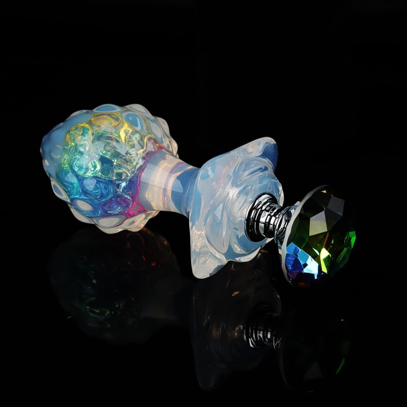 Анальная пробка ребристая UNIVIBE с камнем, силиконовая, радужная, 9 х 4.2 см вид 8