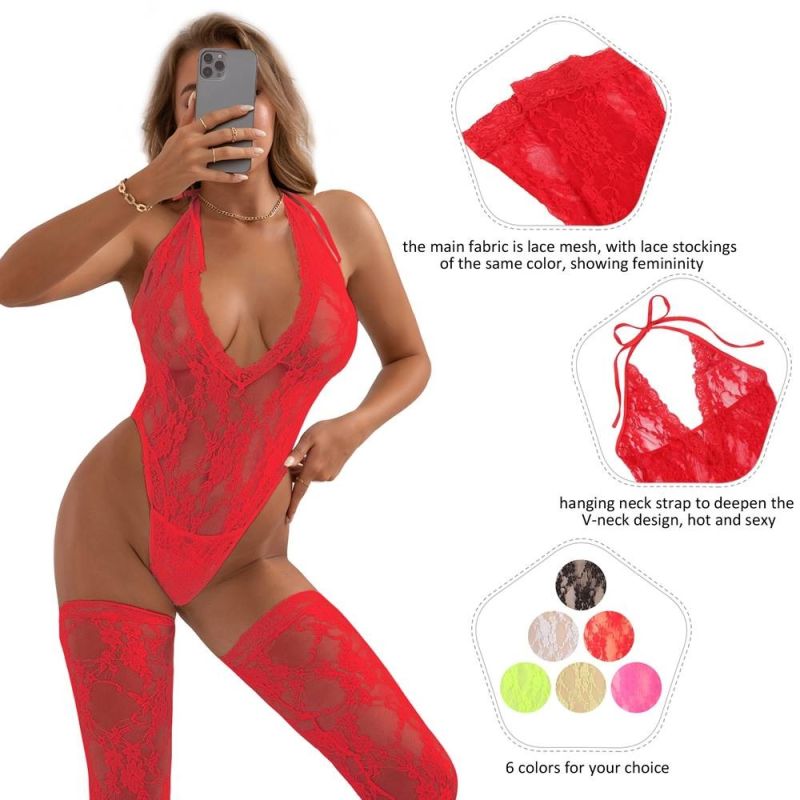 Боди с чулками Star Night кружевное, полупрозрачное, красное, ХL вид 6