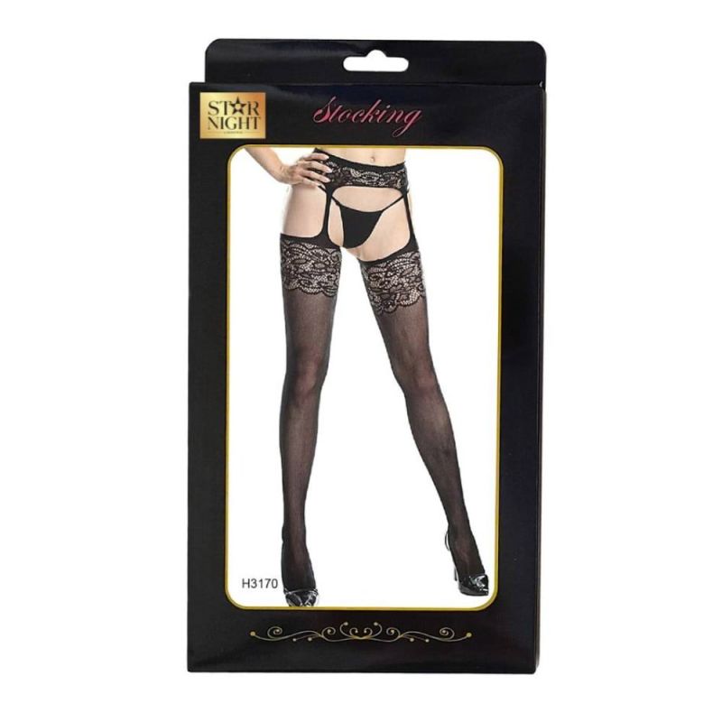 Черные ажурные чулки Star Night с бесшовными подтяжками, черный, XS-M вид 7
