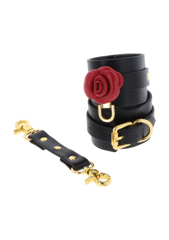 Чорні наручники Taboom Wild Roses Wrist Cuffs з декоративними червоними трояндами вид 7
