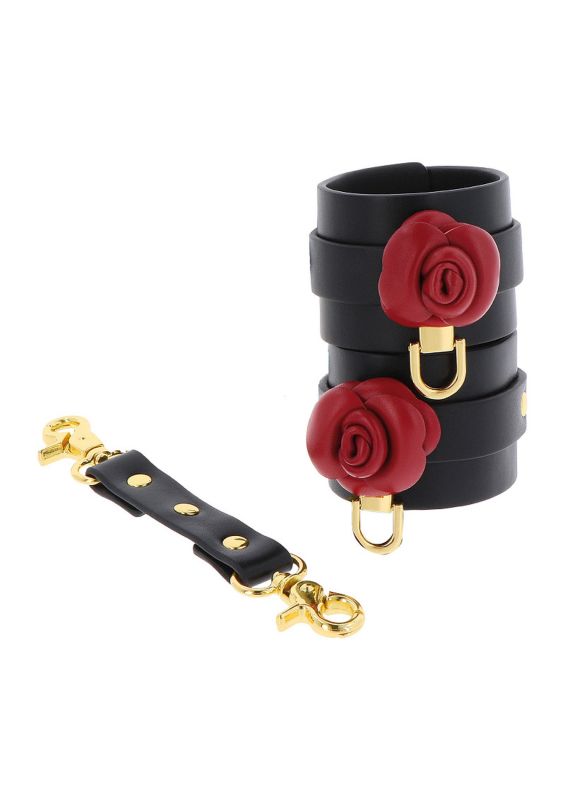 Чорні наручники Taboom Wild Roses Wrist Cuffs з декоративними червоними трояндами вид 6