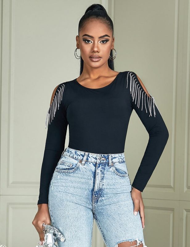 Чорний боді з довгими рукавами Star Night і пензликами з ланцюжків, L вид 6