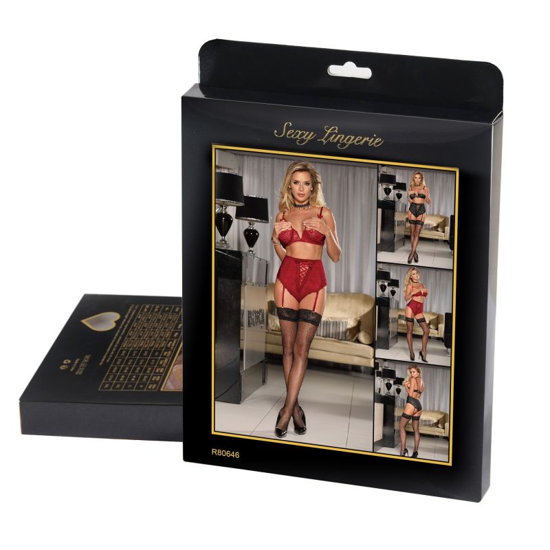 Черный кружевной бюстье с открытой грудью Star Night и трусики с подвязками для чулок, M вид 5