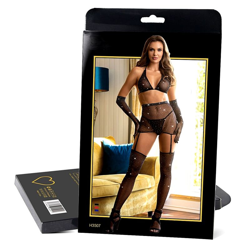 Черный секси-комплект в сеточку со стразами Star Night пояс с подвязками, перчатки и чулки, XL вид 6