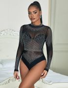 Черный сетчатый боди с длинными рукавами Star Night и декоративными стразами, XL