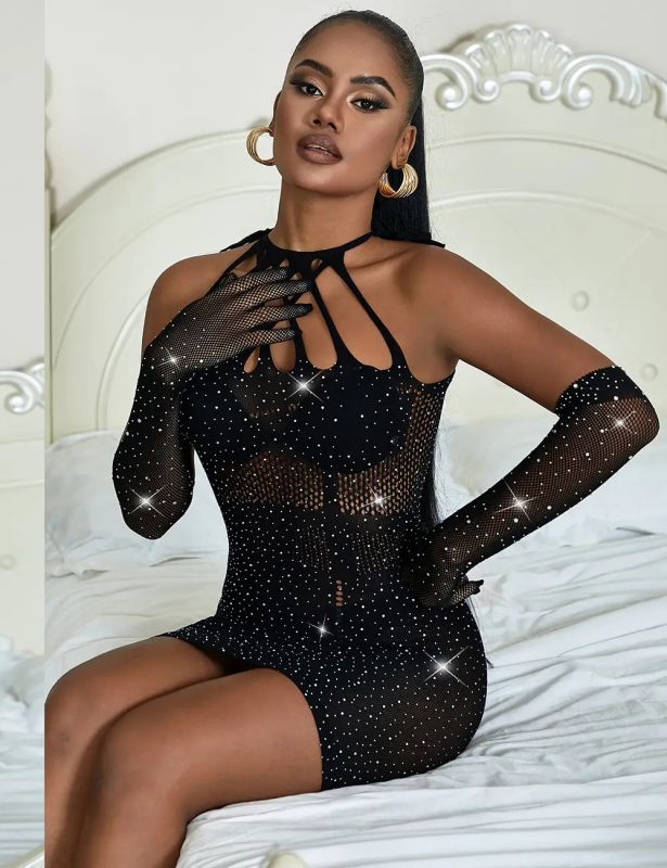 Черные длинные перчатки Star Night со стразами (без коробки) вид 6