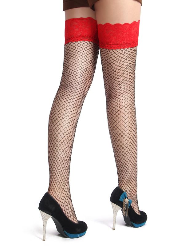Чулки эротические в сеточку Star Night Fishnets, черные с красным кружевом вид 5