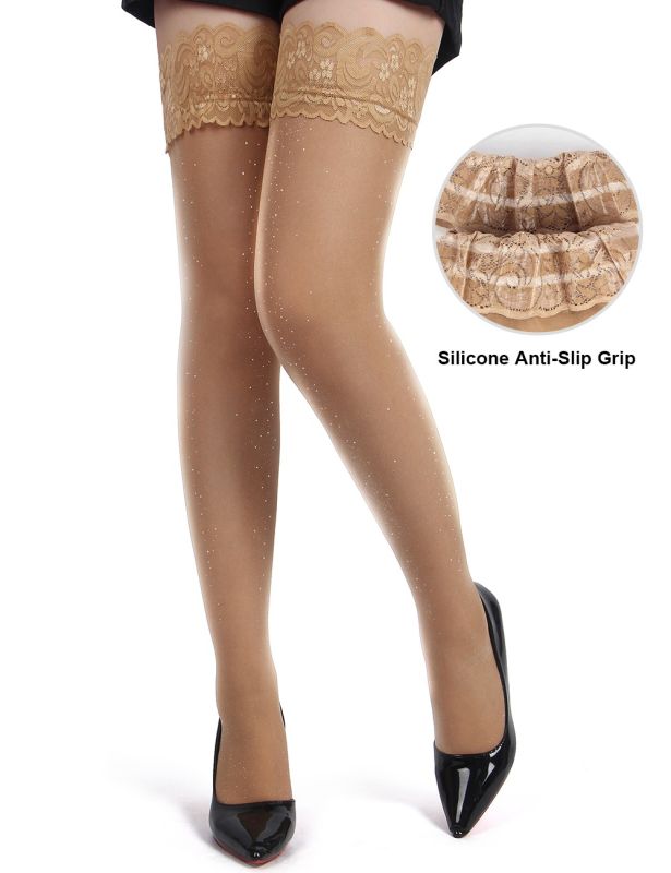 Панчохи з люрексом Star Night Lase Pearlescent на силіконовій стрічці, бежеві, XS-M вид 2