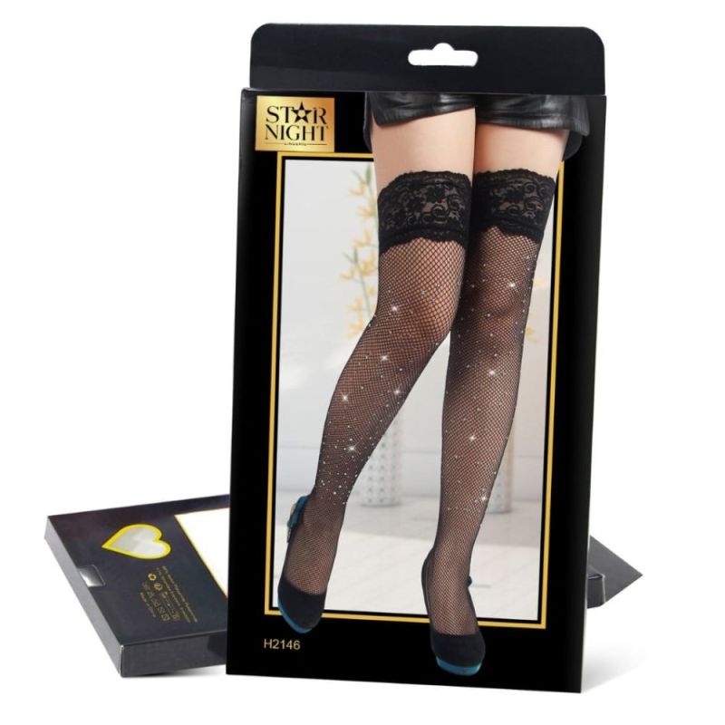 Чулки в сетку со стразами и кружевным верхом Star Night на силиконовой ленте, черный вид 7
