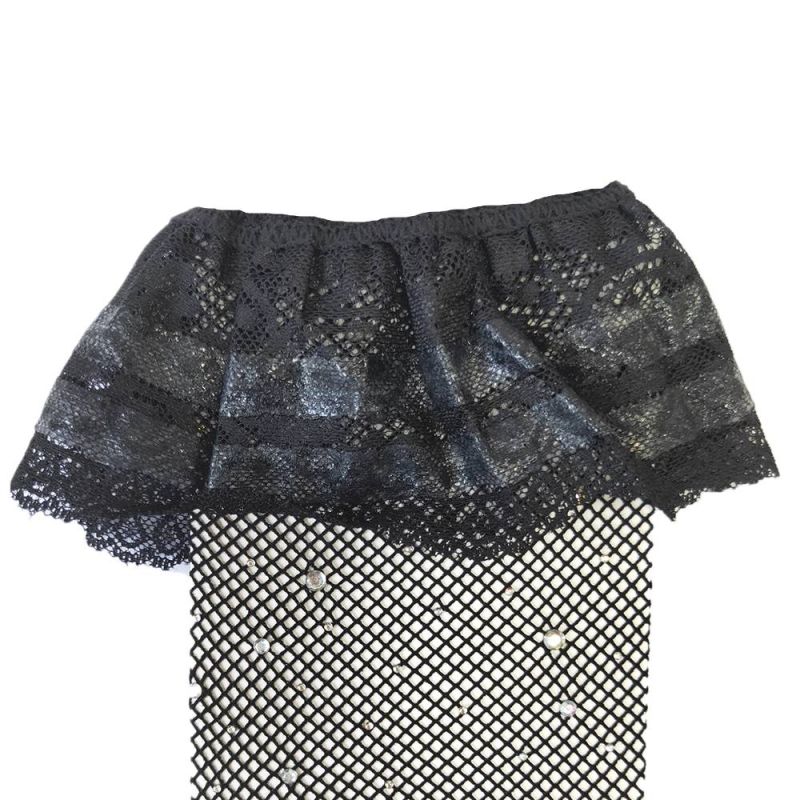 Панчохи в сітку зі стразами та мереживним верхом Star Night на силіконовій стрічці, чорний вид 6