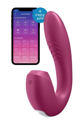 Подвійний смарт вібратор із вакуумною стимуляцією Satisfyer Sunray Connect App Berry бордовий