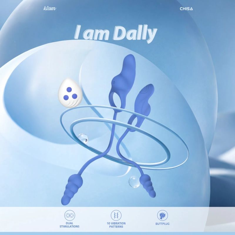 Ерекційне кільце з анальним плагом Chisa Kissen Dally вібруюче, синє вид 14