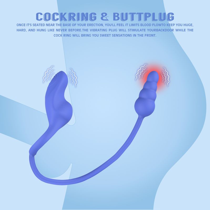 Эрекционное кольцо с анальным плагом Chisa Kissen Dally вибрирующее, синее вид 5