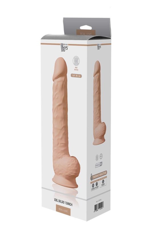 Фаллоимитатор гигантский реалистичный Dreamtoys Real Love на присоске с мошонкой, бежевый вид 6