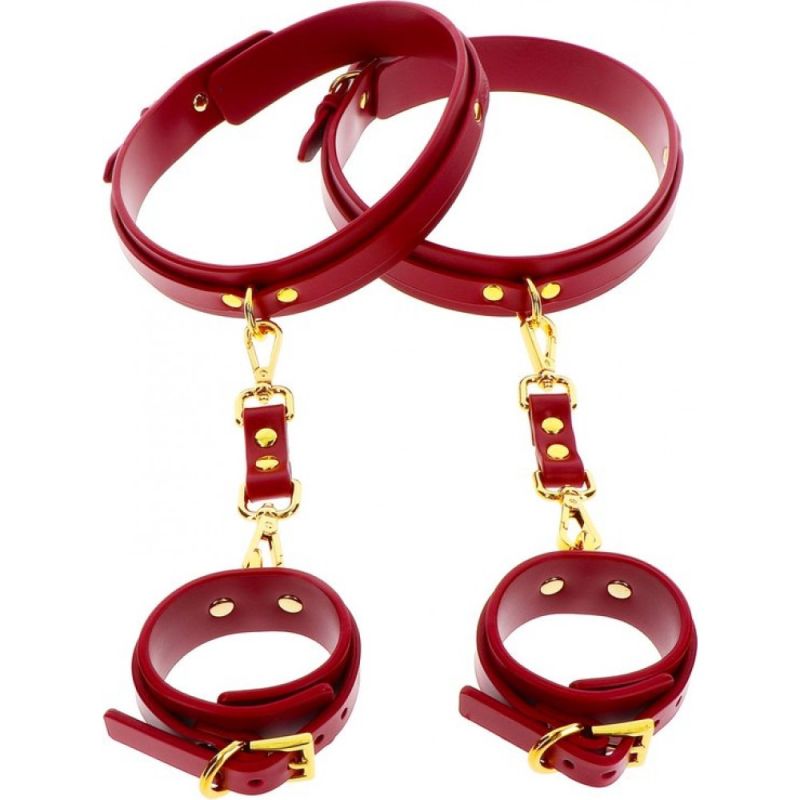 Фіксатори на стегна з наручниками та карабінами Taboom, червоні, із золотистою фурнітурою вид 4
