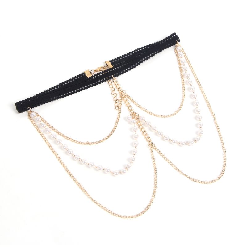 Гартер на ніжку Star Night з підвісками із золотистих ланцюжків та ряду перлин, One Size вид 3