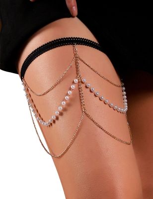 Гартер на ніжку Star Night з підвісками із золотистих ланцюжків та ряду перлин, One Size