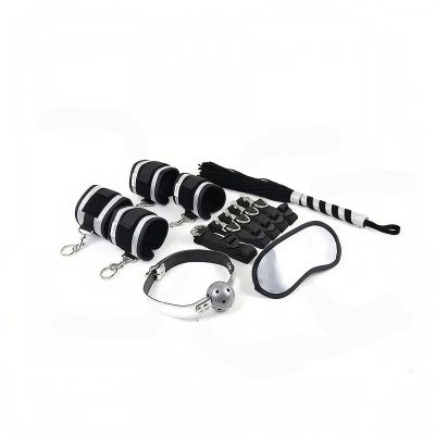Набор БДСМ Roomfun Bedroom Restraint Kit фиксаторы, кнут, кляп, маска, черный-серый