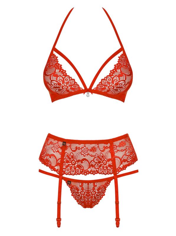 Комплект белья из красного кружевного гипюра из 3-х предметов Obsessive Adore 838, размер S/M вид 6