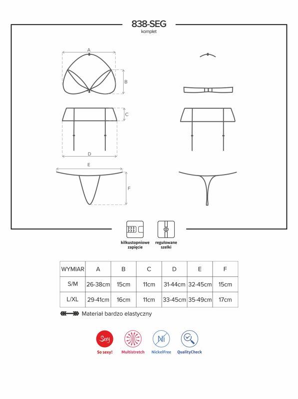 Комплект білизни із червоного мереживного гіпюру із 3-х предметів Obsessive Adore 838, розмір S/M вид 9