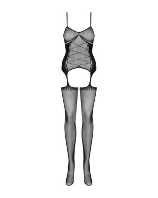 Комбинезон сетка имитирующий корсет с чулками Obsessive G314 черный, S/M/L