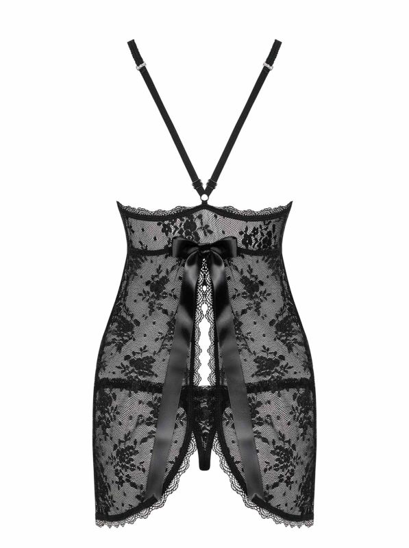 Сорочка Obsessive з квіткового мережива з відкритою попою, чорний, L/XL вид 5