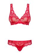 Комплект красного кружевного белья Obsessive 853-SET-3 с бежевыми вставками, S/M