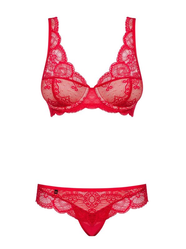 Комплект красного кружевного белья Obsessive 853-SET-3 с бежевыми вставками, S/M вид 6