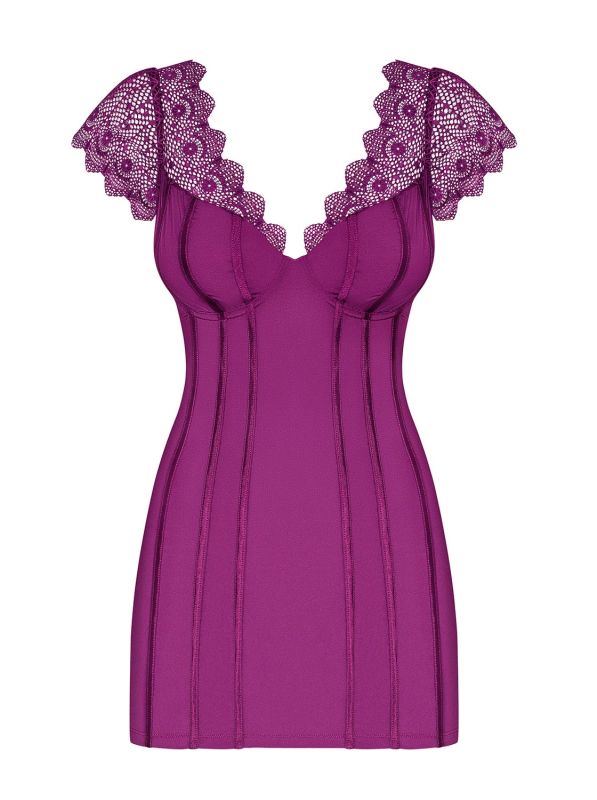 Сорочка с кружевными рукавами и стринги Obsessive Moketta фиолетовый, L/XL вид 4