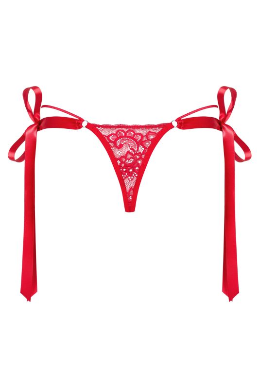 Стринги кружевные Obsessive Lovlea с атласными завязками, красный, L/XL вид 7