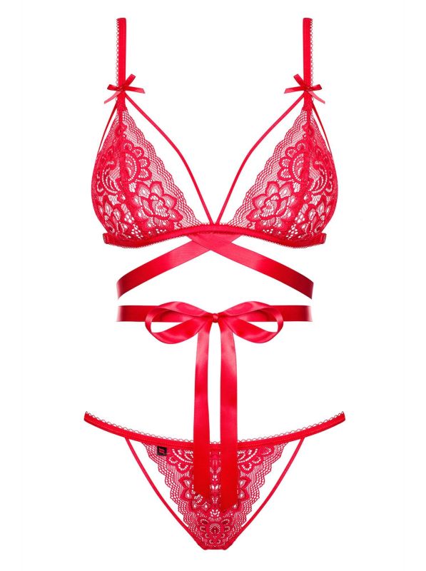 Комплект мереживний Obsessive Lovlea зі стрічками, червоний, L/XL вид 6