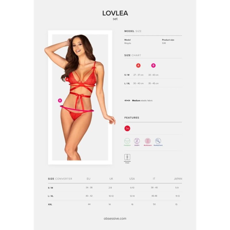 Комплект мереживний Obsessive Lovlea зі стрічками, червоний, L/XL вид 8