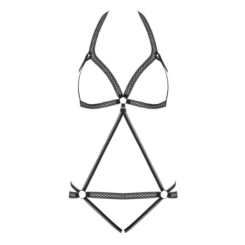 Боди контурное Obsessive Darkie из ажурных лент с металлическими кольцами, черный, L/XL вид 4