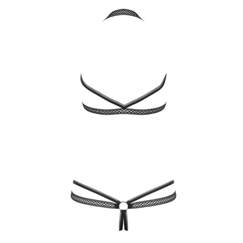 Боди контурное Obsessive Darkie из ажурных лент с металлическими кольцами, черный, L/XL вид 5