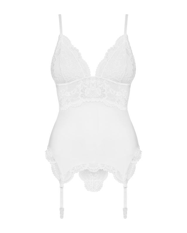 Корсет кружевной Obsessive 810-COR-2 с пажами для чулок, в комплекте кружевные стринги, белый, S/M вид 4