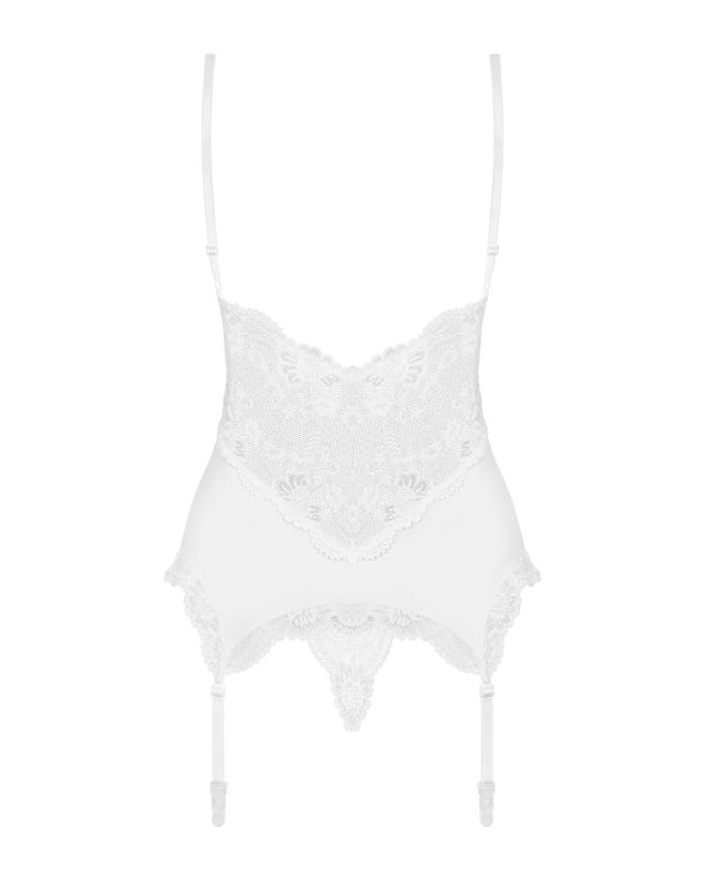 Корсет кружевной Obsessive 810-COR-2 с пажами для чулок, в комплекте кружевные стринги, белый, S/M вид 5