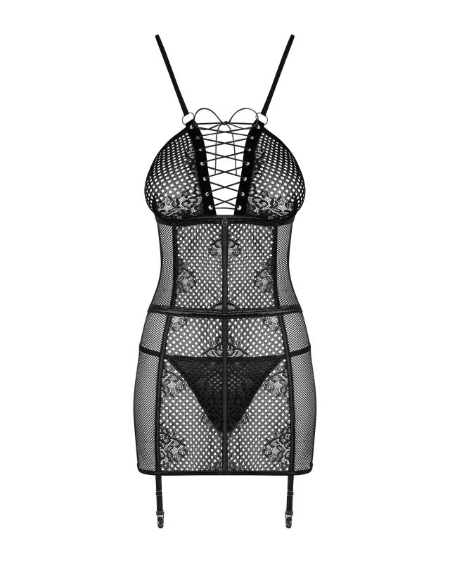 Сорочка в сеточку Obsessive Basitta со шнуровкой, черный, S/M вид 7