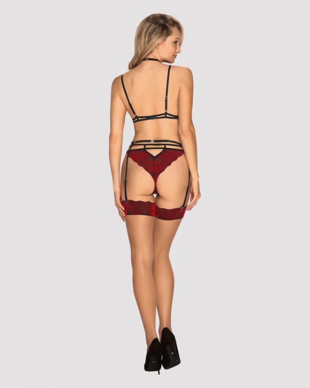 Чулки под пояс с бархатной коронкой Obsessive Sugestina S/M Natural/red вид 5