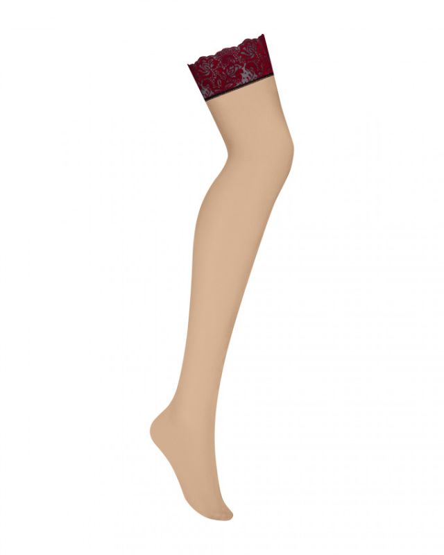 Чулки под пояс с бархатной коронкой Obsessive Sugestina S/M Natural/red вид 6