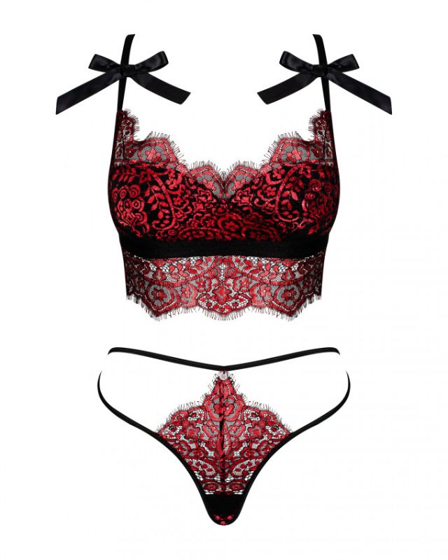 Комплект белья кружевной, Obsessive Redessia, красный, S/M вид 4