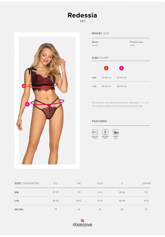 Комплект белья кружевной, Obsessive Redessia, красный, S/M вид 6
