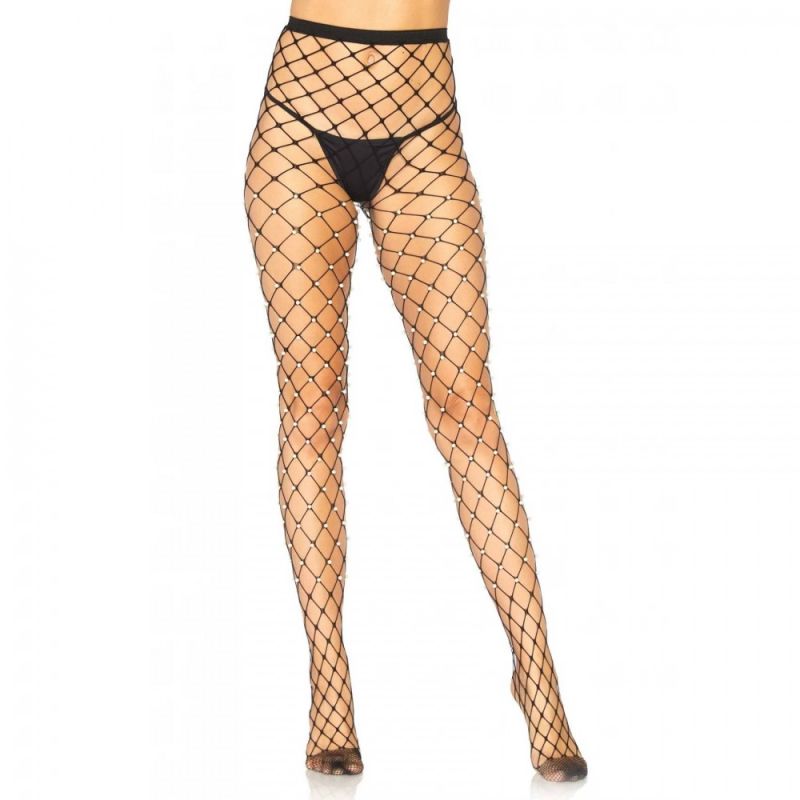 Колготки в сетку с жемчугом черные Leg Avenue Faux pearl fence net tights O/S вид 2