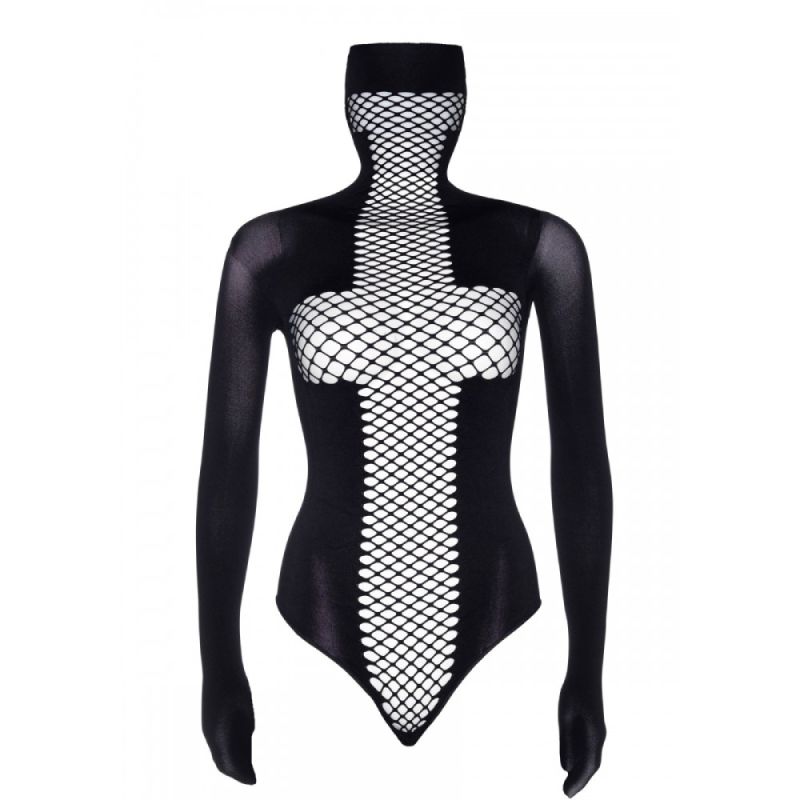 Еротичний боді для БДСМ Leg Avenue сітка, з подовженими рукавами, із закритим обличчям вид 5