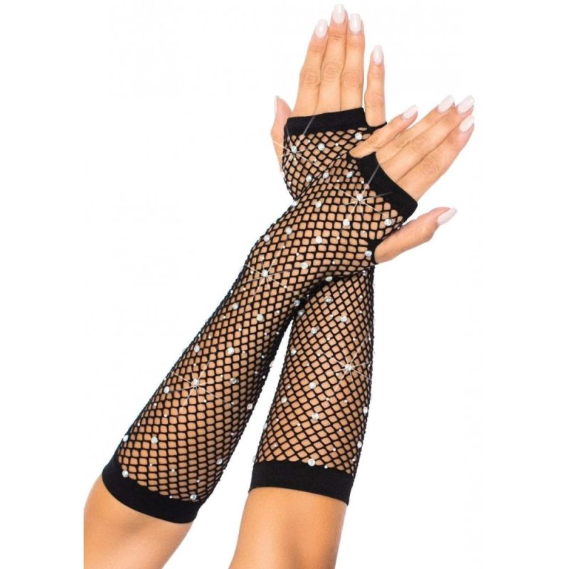 Перчатки в сетку со стразами One SIze Fishnet Arm Warmers Gloves от Leg Avenue Rhinestone, черные вид 2