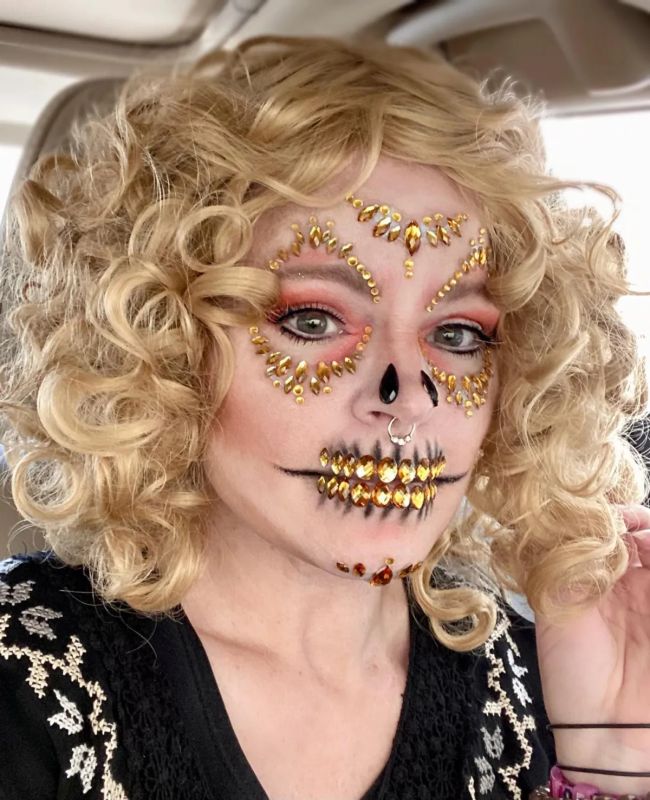 Маска скелета из страз и блестящих камней Leg Avenue золотая вид 5