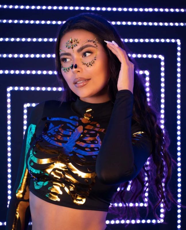 Маска скелета из страз и блестящих камней Leg Avenue золотая вид 6