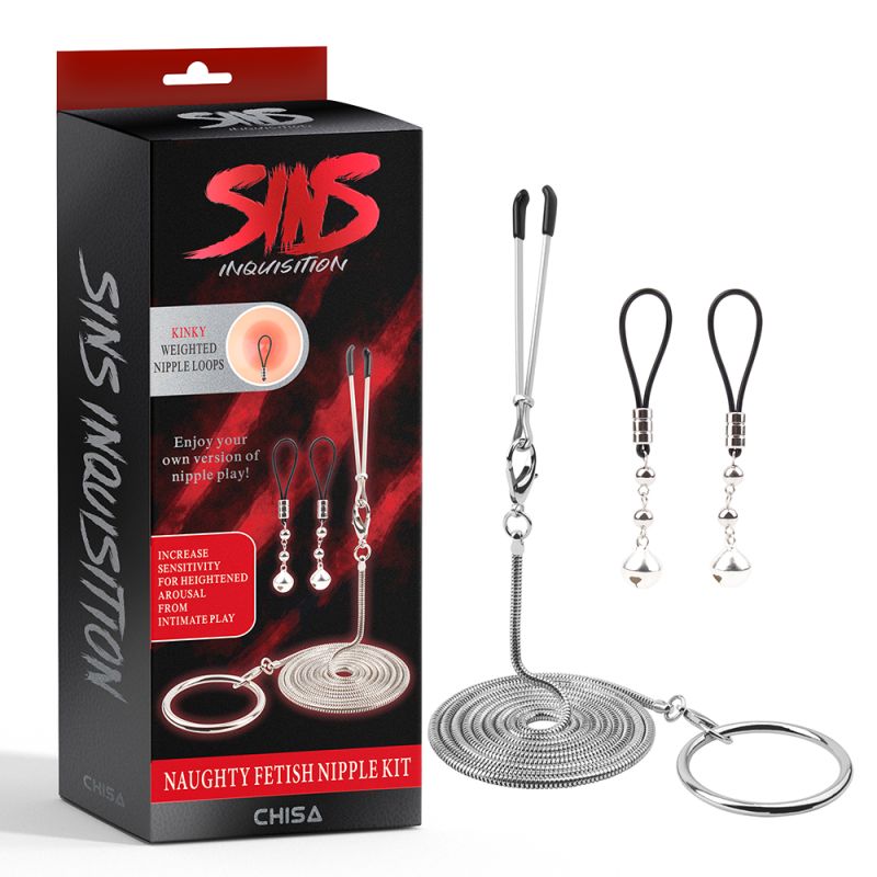 Набор зажимов для сосков и гениталий Chisa Sins с колокольчиками и цепочкой, серебристые вид 2