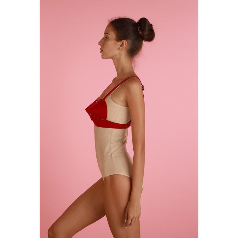 Бюстгалтер - конус "L27" RED, экокожа, ручная работа, красный вид 3
